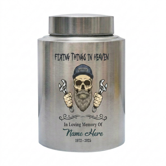 Personalized Mechanic Skull Garage Design UV Printed Stainless Steel Funeral Ash Container for Dad Father Husband Bereavement 4 Colors 2 Sizes Memorial Keepsake Urn, Memorial Gift, In Loving Memory - Image 2