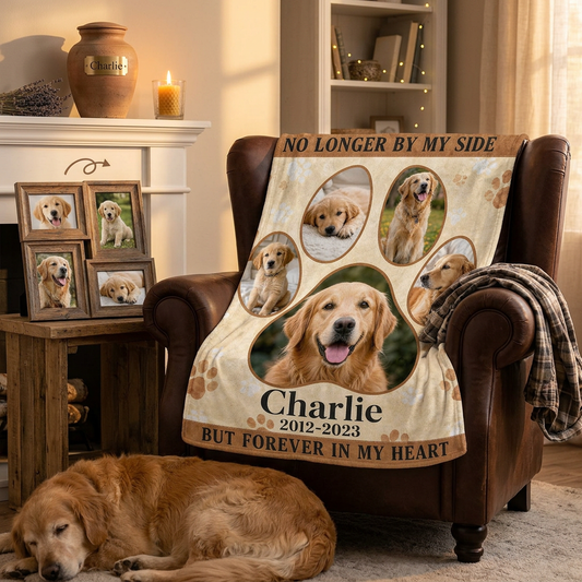 Personalized Pet Memorial Photo Fleece Blanket for Dog Loss - Paw Print Keepsake Gift - Image 2