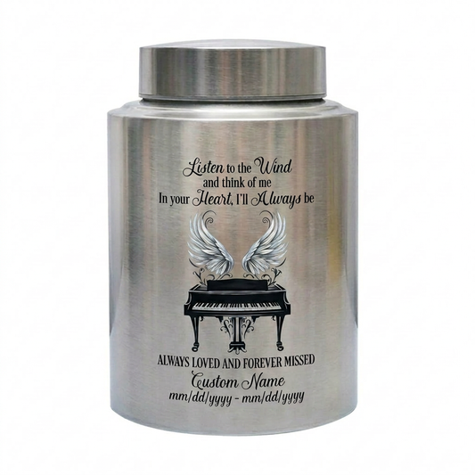Personalized Piano Angel Wings Music Lover Stainless Steel Large Burial Urn For Adult Ashes Listen To The Wind Quote Silver Black Gold Red Memorial Keepsake Urn, Memorial Gift, In Loving Memory - Image 2
