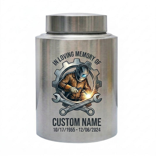 Personalized Welder Gear and Wrenches UV Printed Stainless Steel Urn for Loss of Father Husband Mechanic Bereavement Tribute Two Sizes Memorial Keepsake Urn, Memorial Gift, In Loving Memory - Image 2