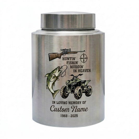 Personalized Bass Fishing Huntin Fishin Muddin In Heaven Stainless Steel Urn for Dad Grandpa Fisherman Hunter Outdoorsman Ashes Large Memorial Keepsake Urn, Memorial Gift, In Loving Memory - Image 2
