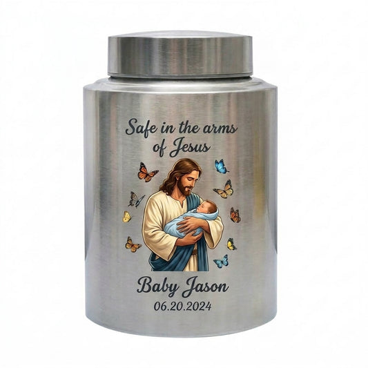 Personalized Baby Jesus Stainless Steel Urn for Infant Child Boy Girl Safe in the Arms of Jesus Decorative Bereavement Container Two Sizes Memorial Keepsake Urn, Memorial Gift, In Loving Memory - Image 2