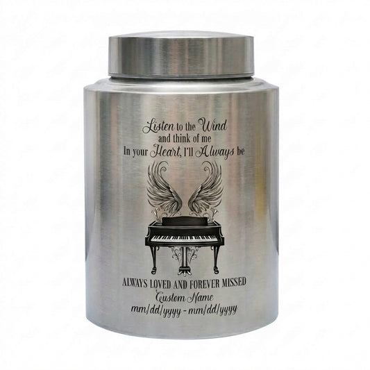 Personalized Piano Angel Wings Music Lover Stainless Steel Large Burial Urn For Adult Ashes Listen To The Wind Quote Silver Black Gold Red Memorial Keepsake Urn, Memorial Gift, In Loving Memory - Image 2