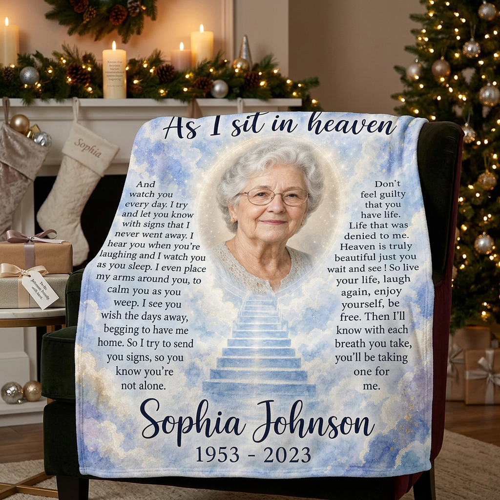 Personalized As I Sit In Heaven Memorial Photo Fleece Blanket - Sympathy Gift For Mom Grandma - Image 6