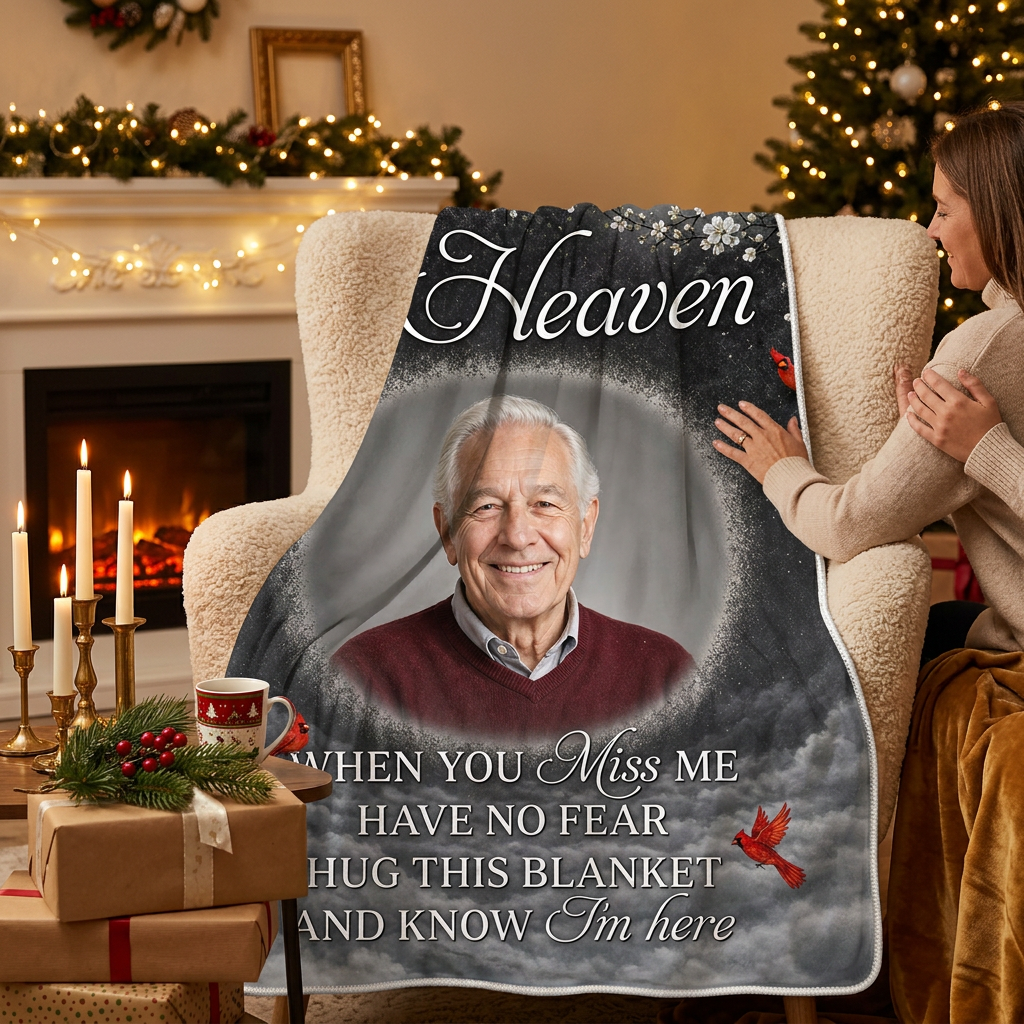 Personalized Photo Memorial Fleece Blanket - A Hug From Heaven Cardinal Sympathy Gift for Dad - Image 6
