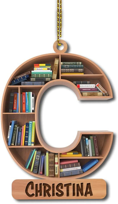 Bookshelf Initial Wood Ornament – Personalized Christmas Gift for Teacher, Librarian, or Book Nerd