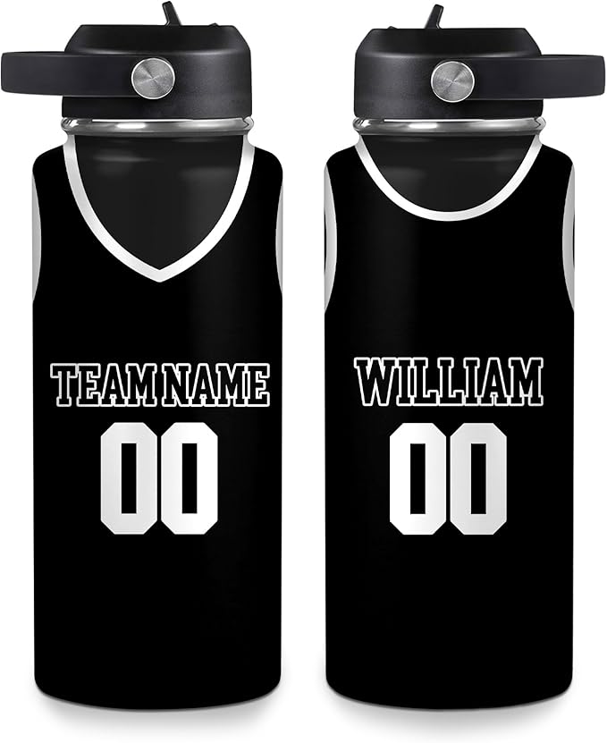 Basketball Jersey Custom Name & Number Water Bottle 32oz – Personalized Stainless Steel Insulated Bottle with Leak-Proof Lid – Sporty Gift for Basketball Fans & Players