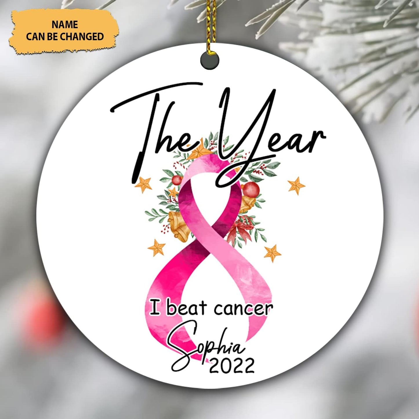 Breast Cancer Survivor Ceramic Ornament – Personalized The Year I Beat Cancer Pink Ribbon Christmas Tree Keepsake for Women Fighters