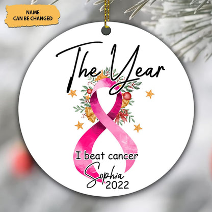 Breast Cancer Survivor Ceramic Ornament – Personalized The Year I Beat Cancer Pink Ribbon Christmas Tree Keepsake for Women Fighters