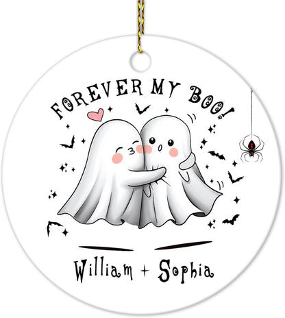 Cute Ghost Couple Ceramic Circle Ornament – Personalized Halloween or Anniversary Gift for Couples, Newlyweds or Goth-Loving Sweethearts