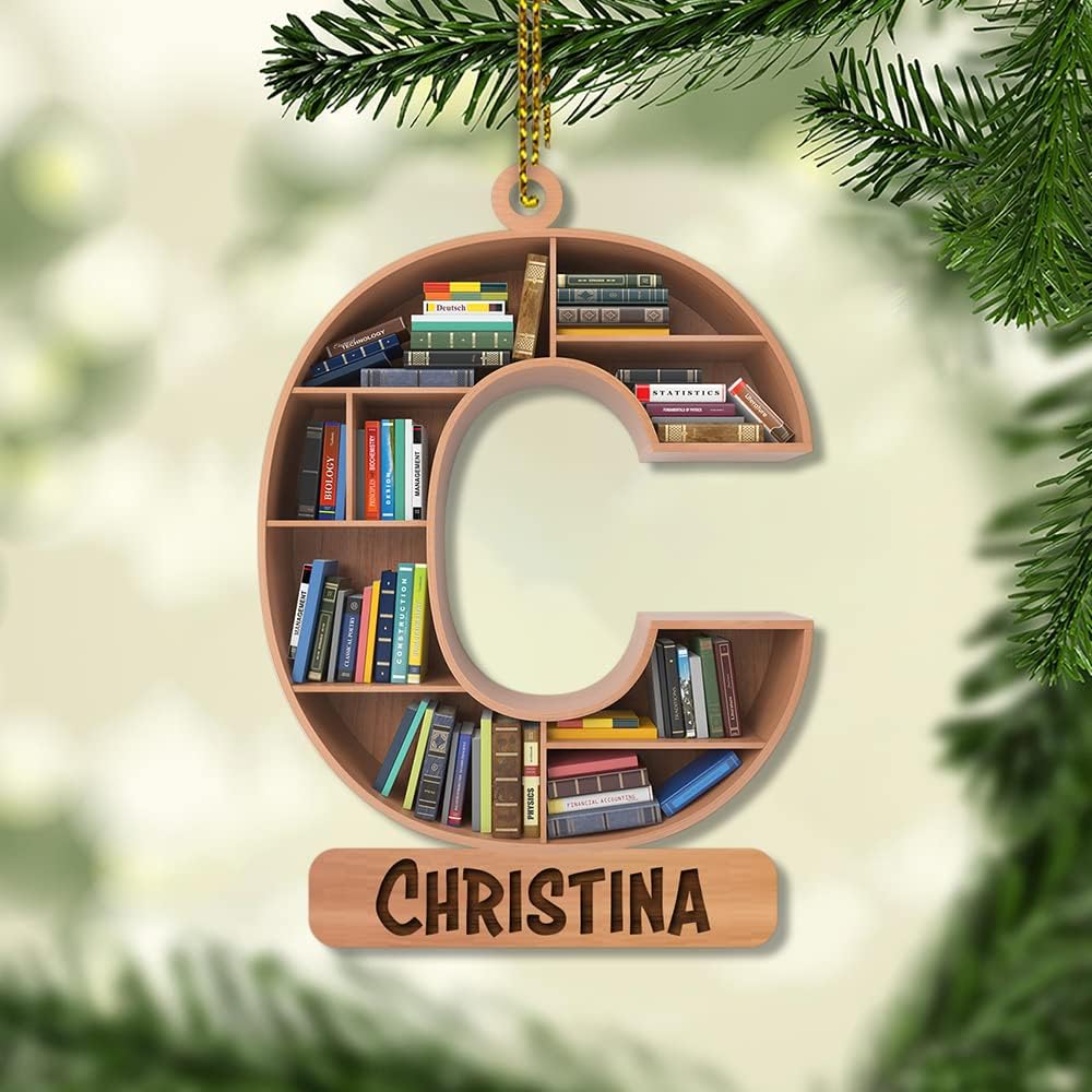 Bookshelf Initial Wood Ornament – Personalized Christmas Gift for Teacher, Librarian, or Book Nerd