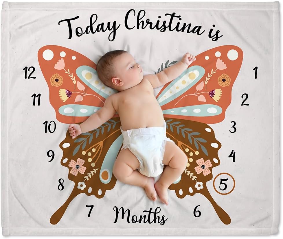 Butterfly Baby Monthly Milestone Blanket Girl Watercolor - Personalized Baby Blanket