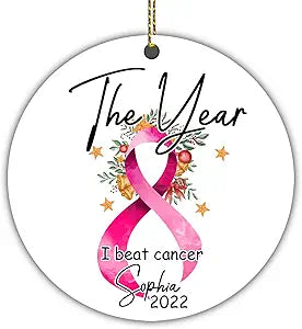 Breast Cancer Survivor Ceramic Ornament – Personalized The Year I Beat Cancer Pink Ribbon Christmas Tree Keepsake for Women Fighters