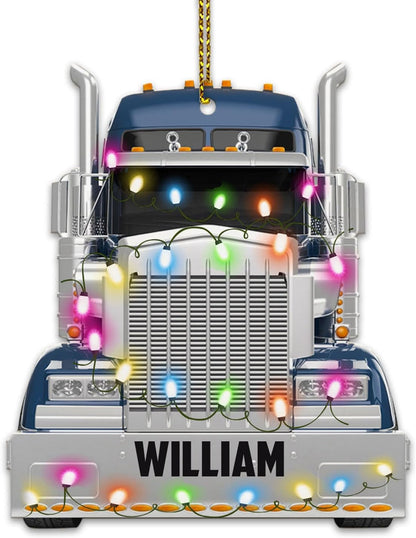 Blue Truck Christmas Light Cut Acrylic Ornament – Personalized Trucker Gift for Men, Husband, or Coworker