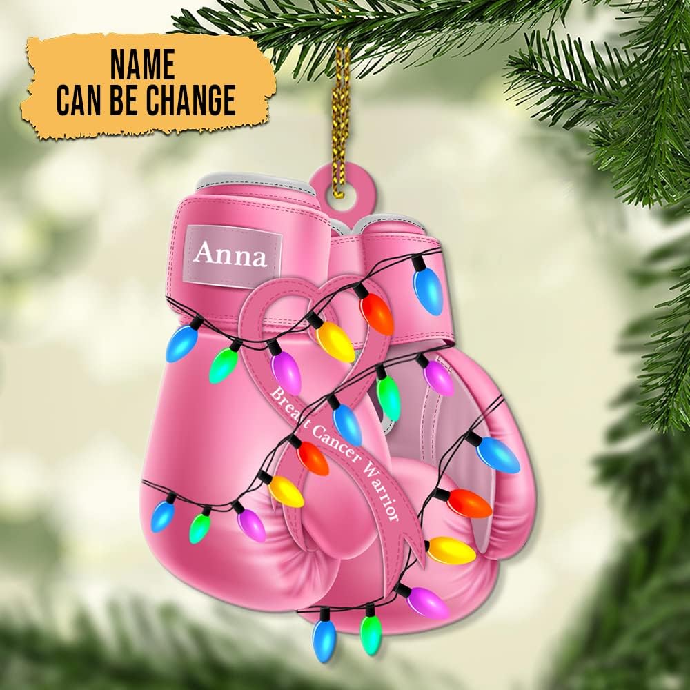 Pink Boxing Gloves Cut Acrylic Ornament – Personalized Breast Cancer Warrior Christmas Gift for Fighter, Survivor, or Supporter