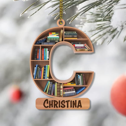Bookshelf Initial Wood Ornament – Personalized Christmas Gift for Teacher, Librarian, or Book Nerd