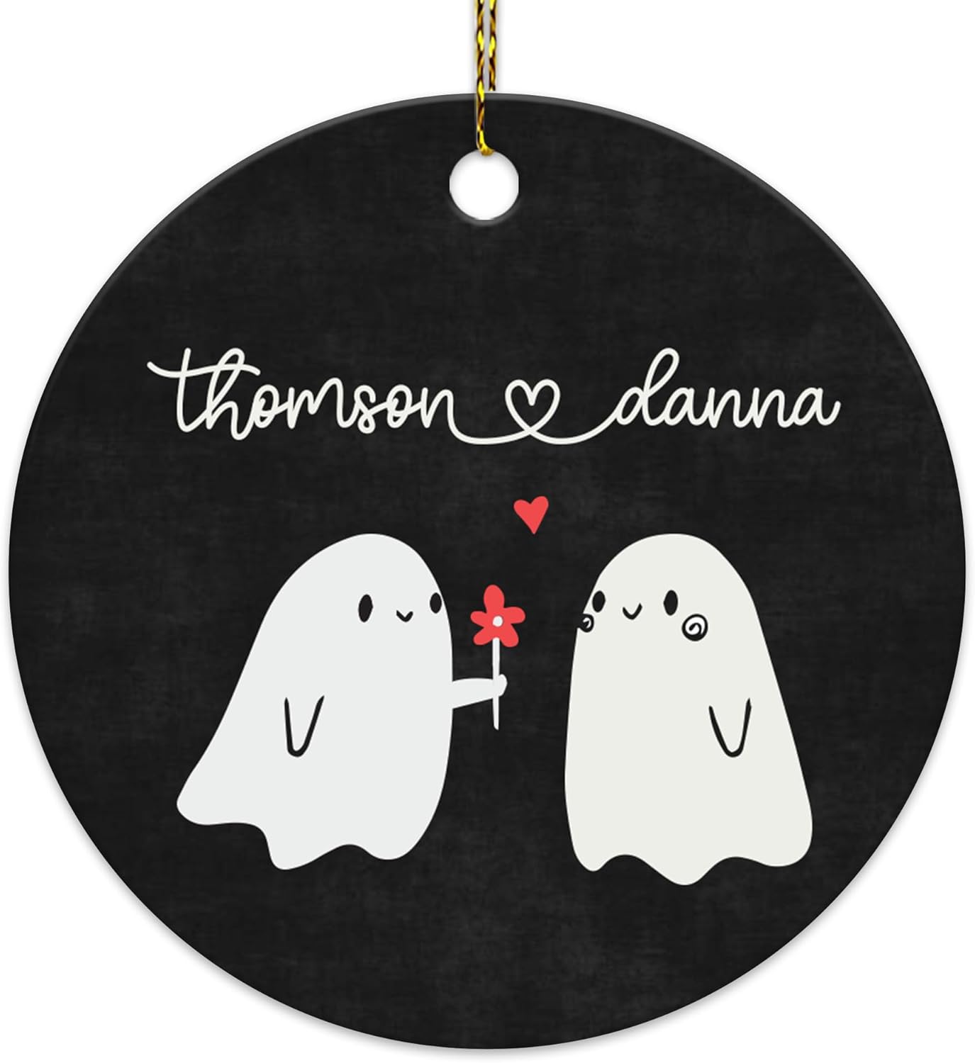 Cute Ghost Couple Black Ceramic Ornament – Personalized Custom Name Circle Keepsake, Funny Halloween or Anniversary Gift for Couples