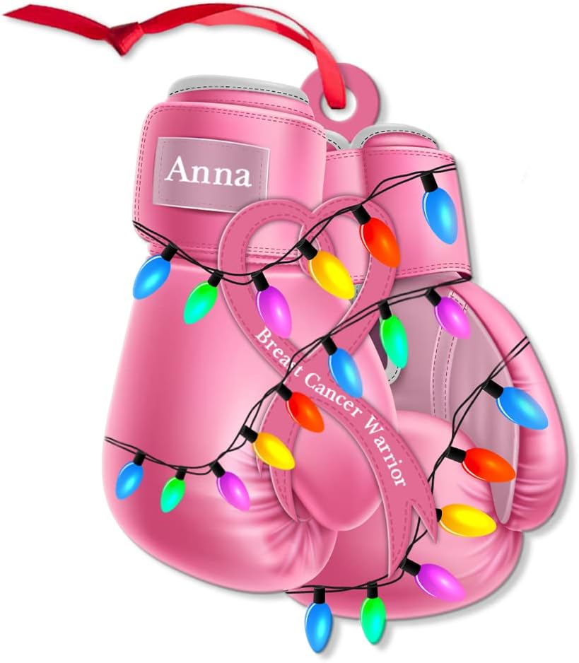 Pink Boxing Gloves Cut Acrylic Ornament – Personalized Breast Cancer Warrior Christmas Gift for Fighter, Survivor, or Supporter