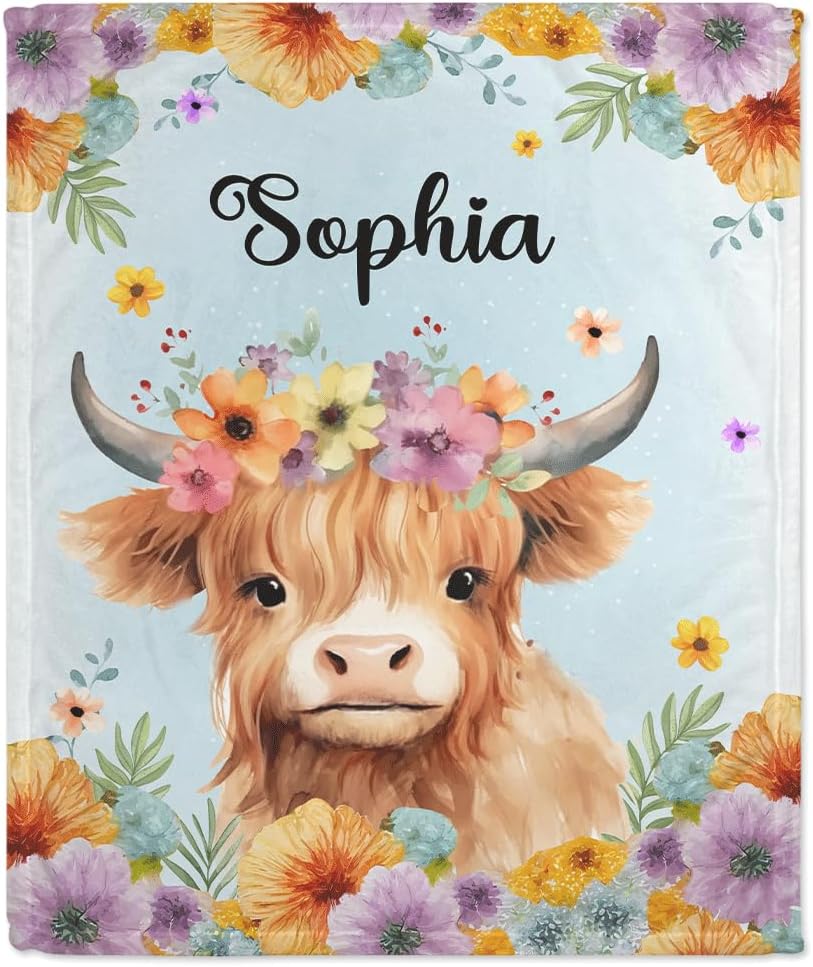 Highland Cow Pattern Baby Blanket - Personalized Blanket