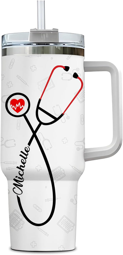 Nurse Stethoscope Tumbler 40oz with Handle & Straw – Personalized Stainless Steel Insulated Travel Cup with Lid – Appreciation Gift for Nurses & Students