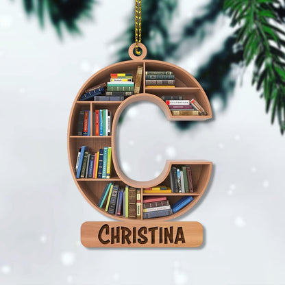 Bookshelf Initial Wood Ornament – Personalized Christmas Gift for Teacher, Librarian, or Book Nerd