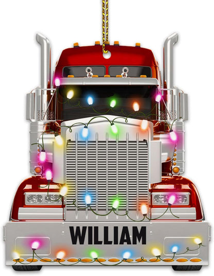 Red Christmas Truck Light Cut Acrylic Ornament – Personalized Trucker Tree Decoration Gift for Men, Husband, or Coworker