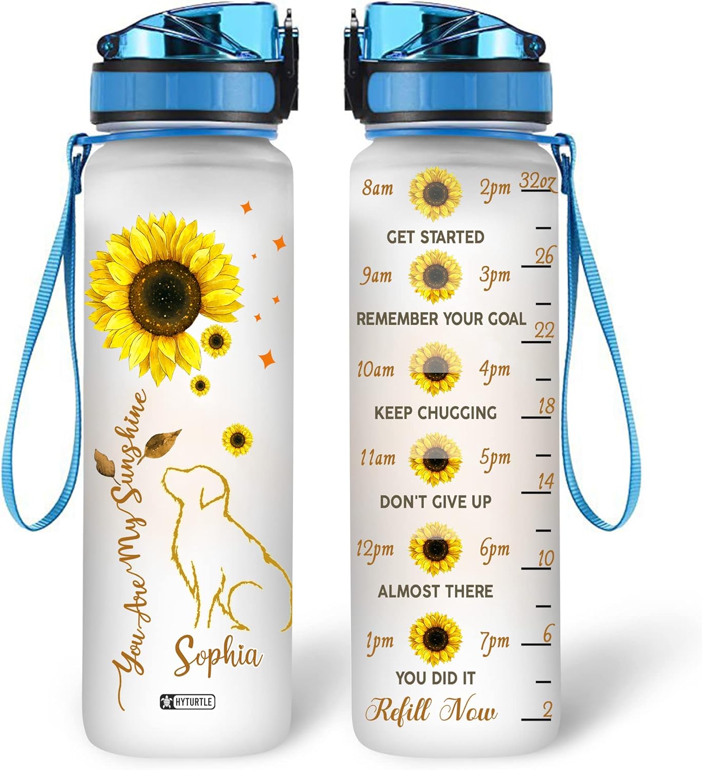 Sunflower Dog Water Bottle Tracker 32oz – Personalized Hydration Bottle with Time Marker – Heartfelt Gift for Dog Lovers