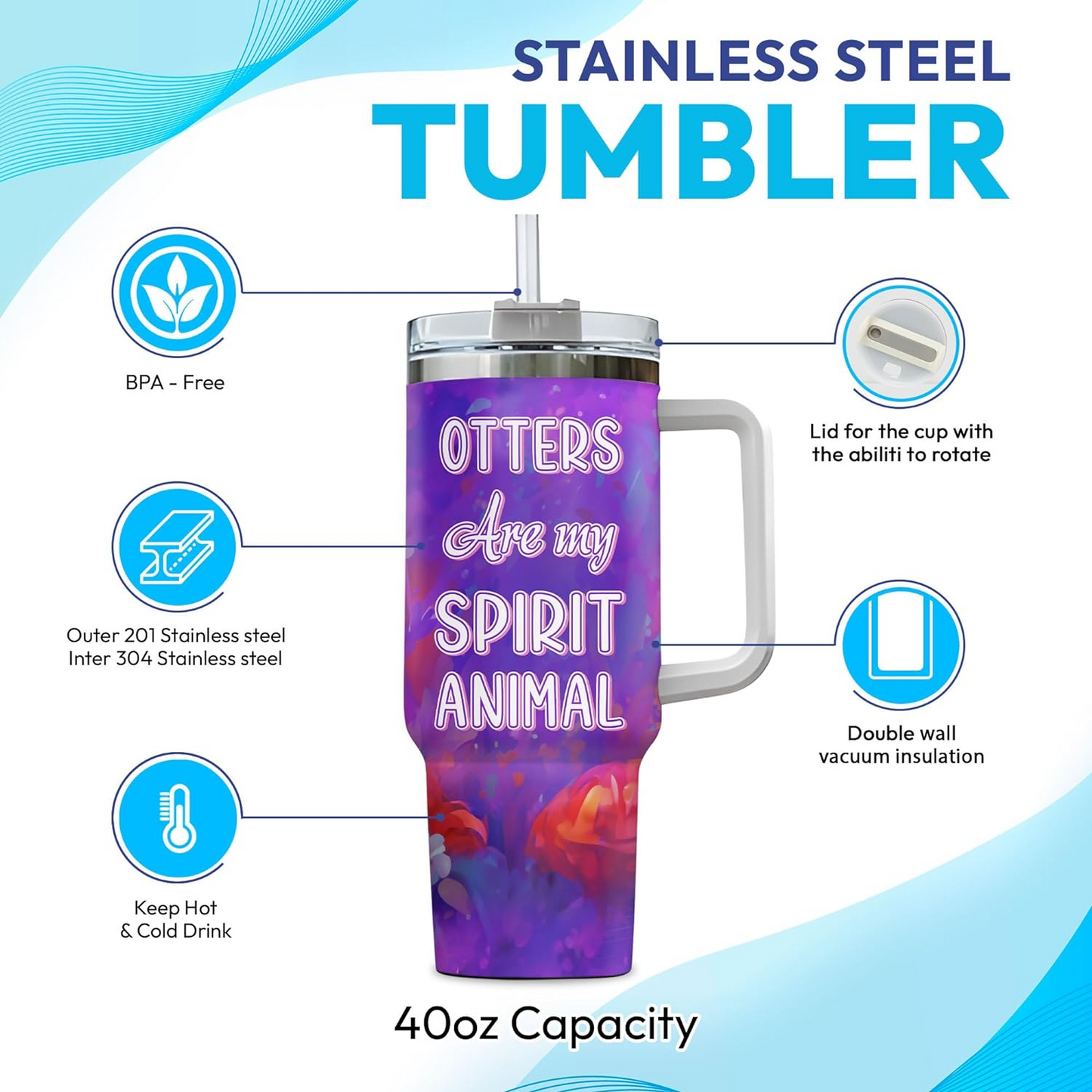 Otter Lover Tumbler 40oz with Handle & Straw – Personalized Stainless Steel Insulated Travel Cup with Lid – Cute Birthday Gift for Animal Lovers