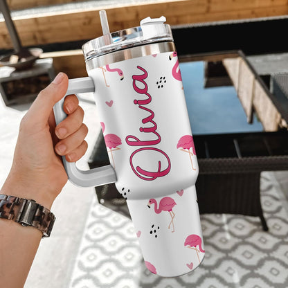 Pink Flamingo Tumbler 40oz with Handle & Straw – Personalized Stainless Steel Insulated Cup with Lid – Stylish Gift for Flamingo Lovers