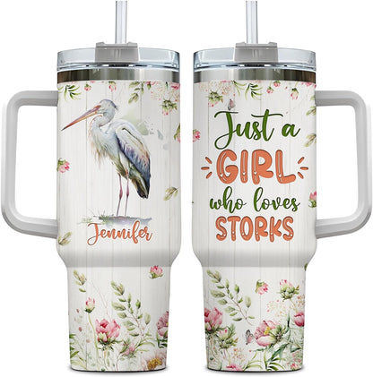 Stork Tumbler 40oz with Handle & Straw – Personalized Stainless Steel Insulated Travel Cup with Lid – Thoughtful Gift for Bird Lovers