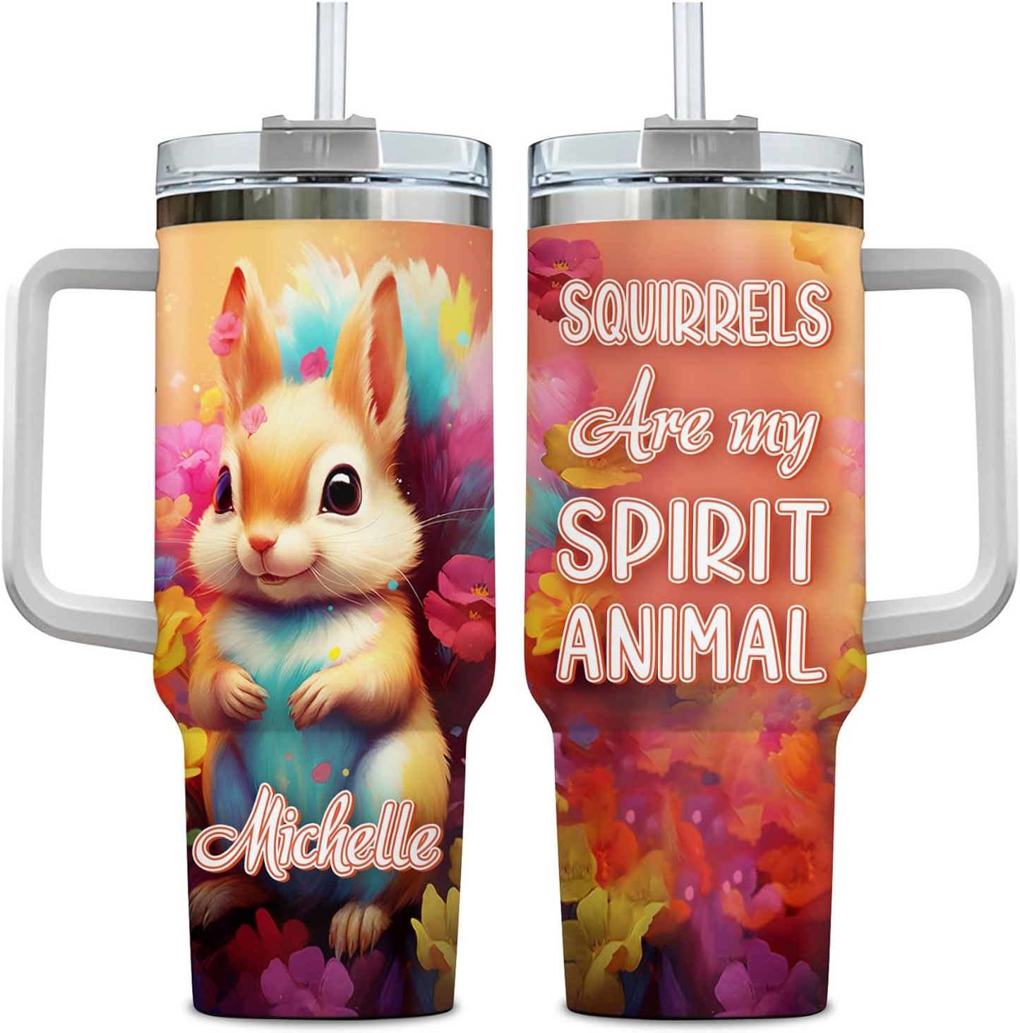 Colorful Squirrel Tumbler 40oz with Handle & Straw – Personalized Stainless Steel Cup with Lid – Cute Animal Gift for Women & Kids