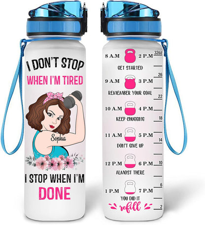 Fitness Motivation Water Bottle Tracker 32oz Personalized – Gym Themed Daily Bottle with Time Marker – Strong Gift for Women