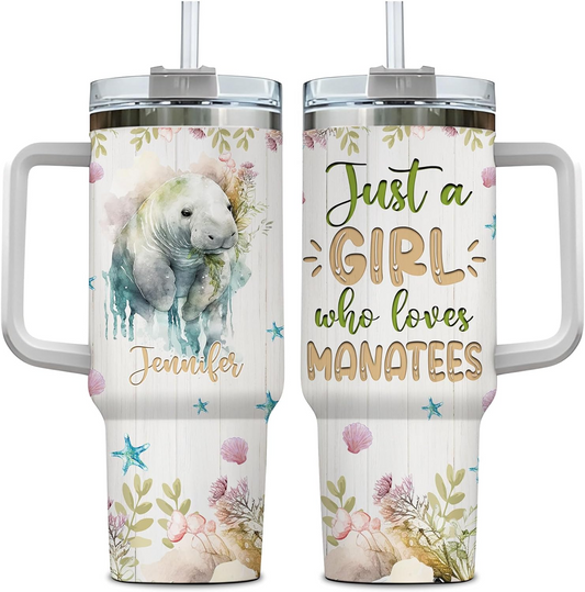 Manatee Ocean Lover Tumbler 40oz – Personalized Stainless Steel Travel Cup with Handle & Straw, Watercolor Marine Design – Unique Gift for Women & Girls