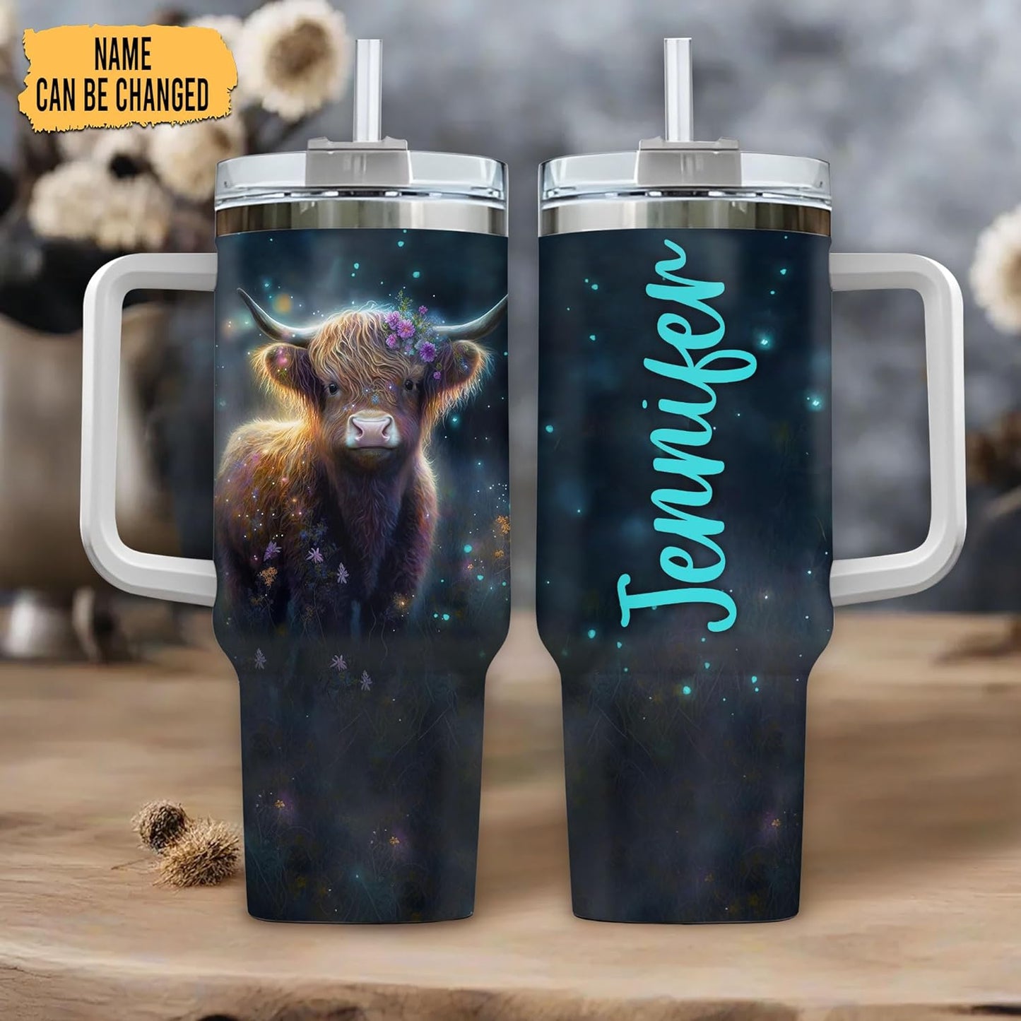 Highland Cow Night Glow Tumbler 40oz with Handle & Straw – Personalized Stainless Steel Insulated Cup with Lid – Creative Gift for Animal Lovers