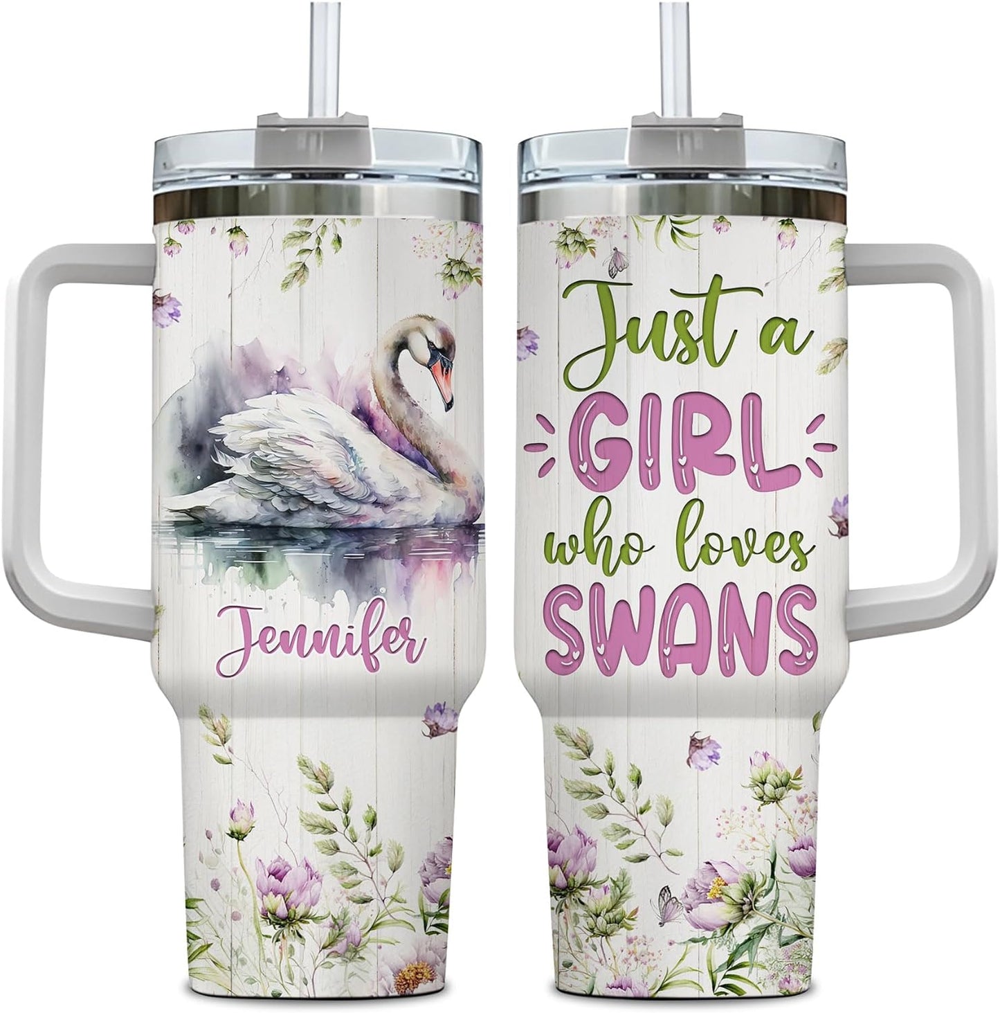Swan Tumbler 40oz – Personalized Stainless Steel Insulated Travel Cup with Handle & Straw – Elegant Bird Coffee Mug Gift for Women