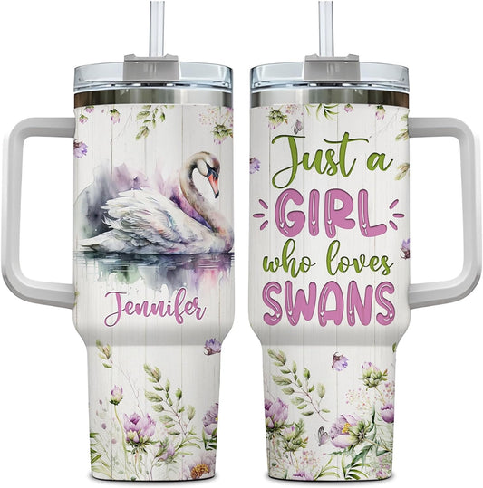 Swan Tumbler 40oz – Personalized Stainless Steel Insulated Travel Cup with Handle & Straw – Elegant Bird Coffee Mug Gift for Women