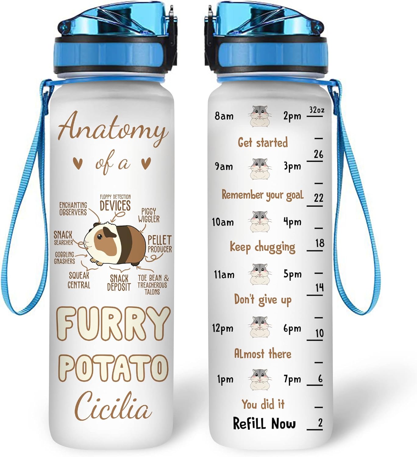 Furry Potato Guinea Pig Water Bottle Tracker 32oz – Personalized Hydration Bottle with Time Marker – Fun Gift for Pet Moms