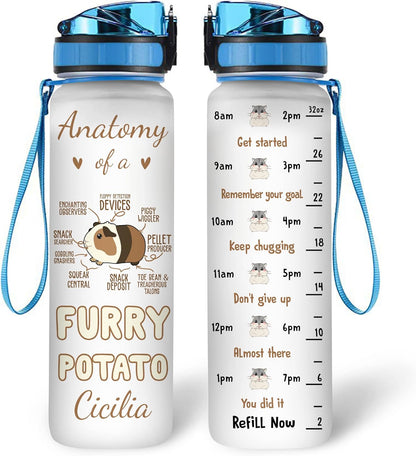 Furry Potato Guinea Pig Water Bottle Tracker 32oz – Personalized Hydration Bottle with Time Marker – Fun Gift for Pet Moms