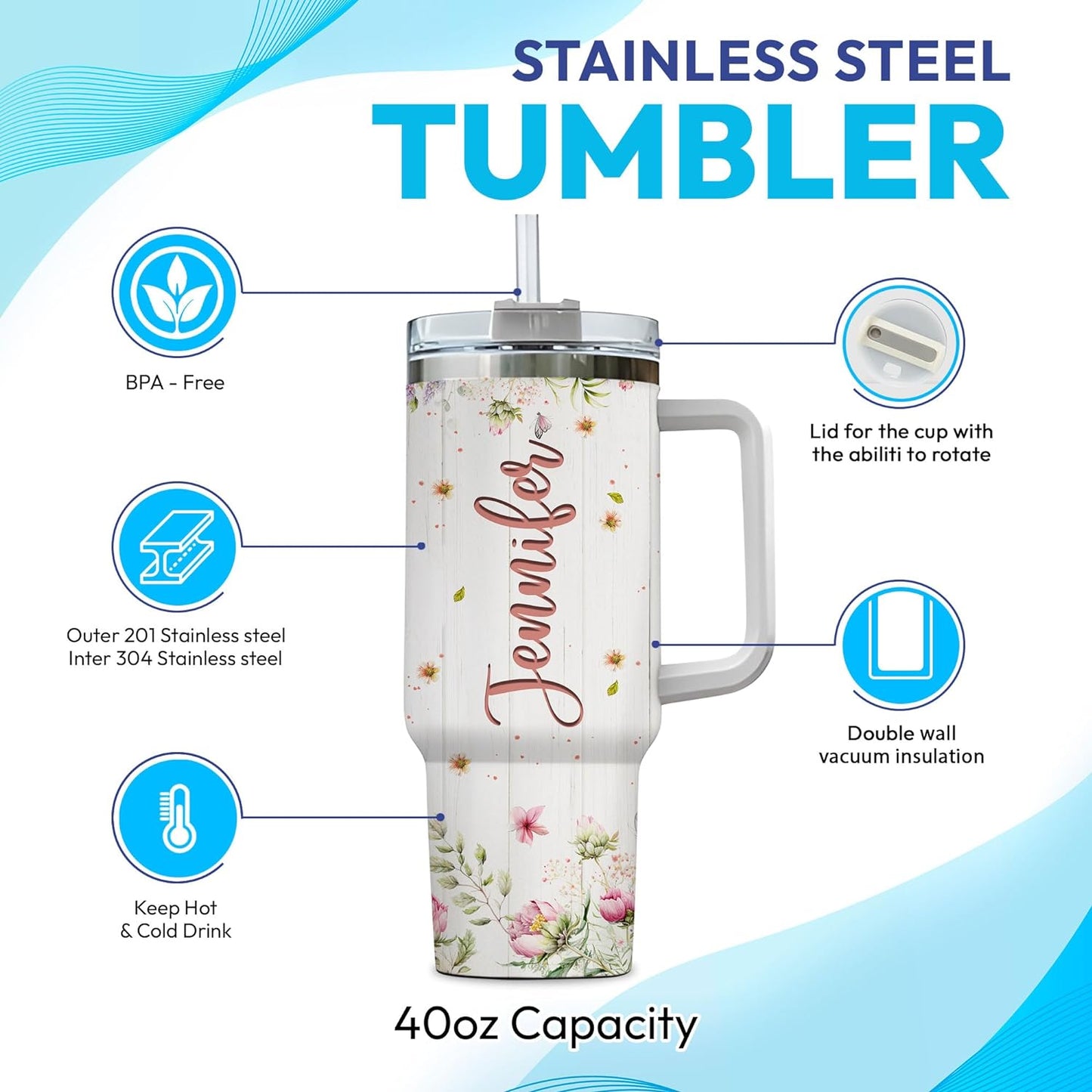 Floral Highland Cow Tumbler 40oz with Handle & Straw – Personalized Stainless Steel Insulated Travel Cup with Lid – Creative Gift for Cow Lovers