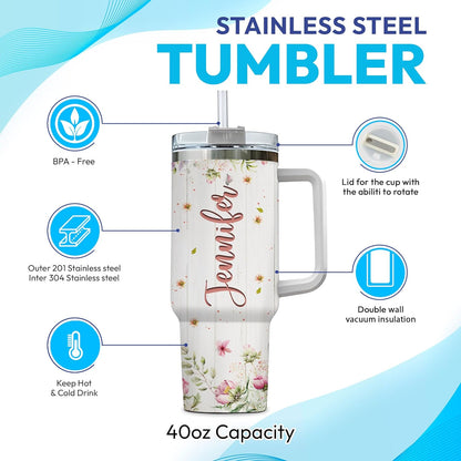 Floral Highland Cow Tumbler 40oz with Handle & Straw – Personalized Stainless Steel Insulated Travel Cup with Lid – Creative Gift for Cow Lovers