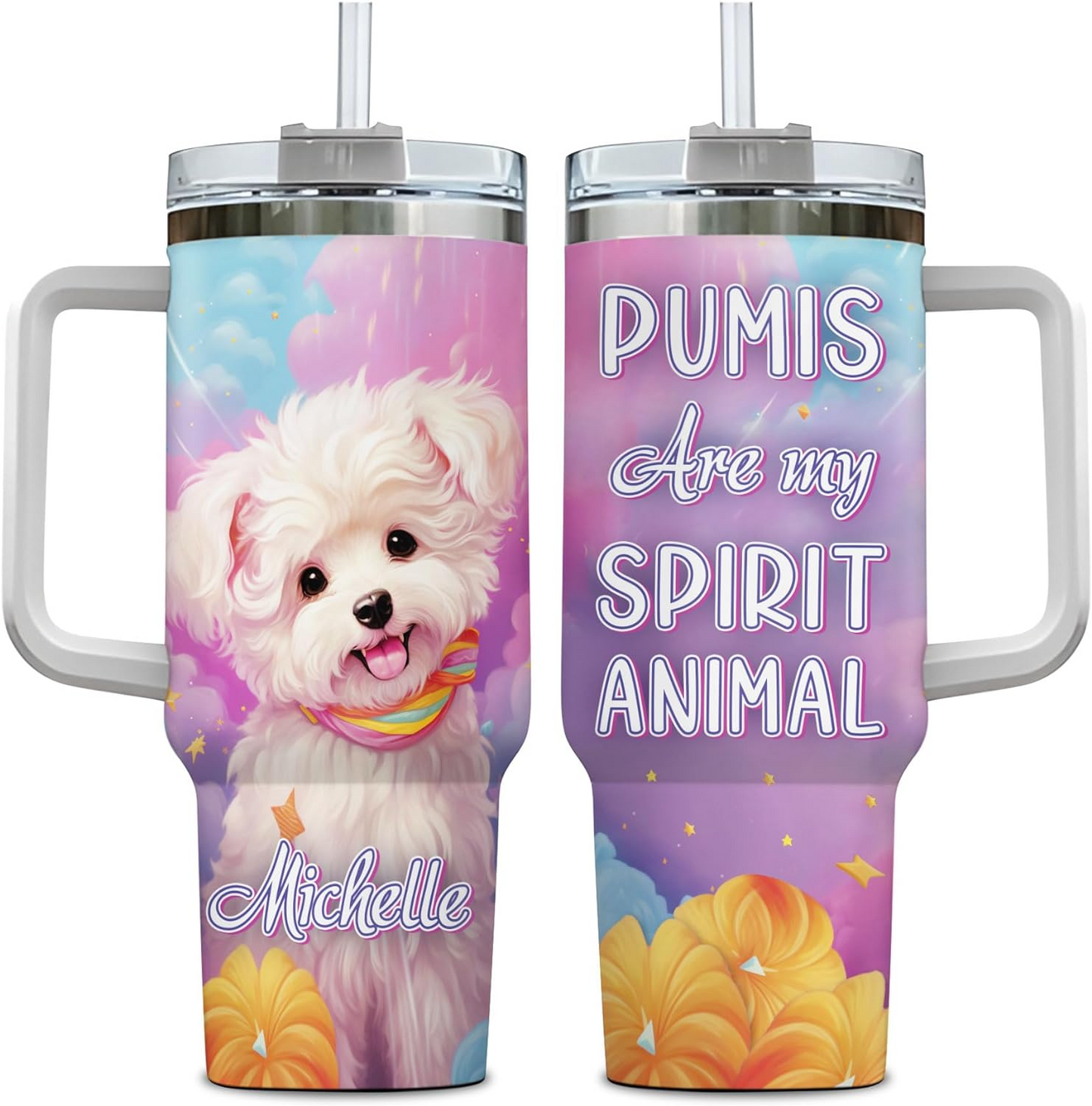 Pumi Dog Spirit Animal Tumbler 40oz – Personalized Stainless Steel Insulated Cup with Handle & Straw – Creative Gift for Dog Lovers