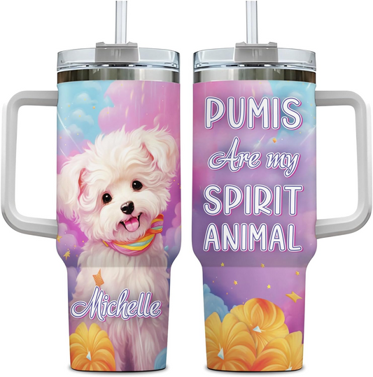 Pumi Dog Spirit Animal Tumbler 40oz – Personalized Stainless Steel Insulated Cup with Handle & Straw – Creative Gift for Dog Lovers