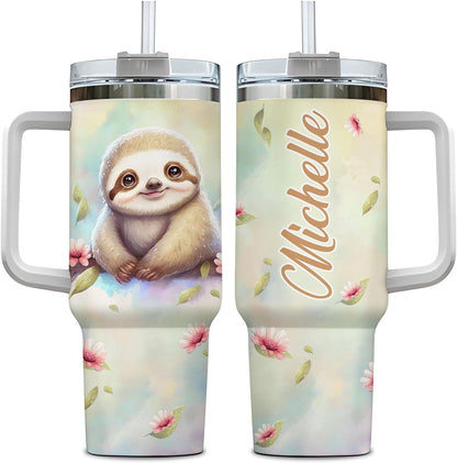 Cute Sloth Tumbler 40oz with Handle & Straw – Personalized Stainless Steel Travel Cup with Lid – Adorable Gift for Animal Lovers
