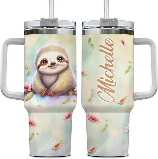 Cute Sloth Tumbler 40oz with Handle & Straw – Personalized Stainless Steel Travel Cup with Lid – Adorable Gift for Animal Lovers