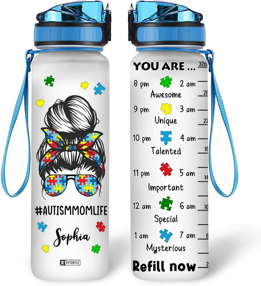 Autism Mom Life Water Bottle Tracker 32oz Personalized – Puzzle Piece Design Hydration Bottle with Time Marker – Awareness Gift for Moms