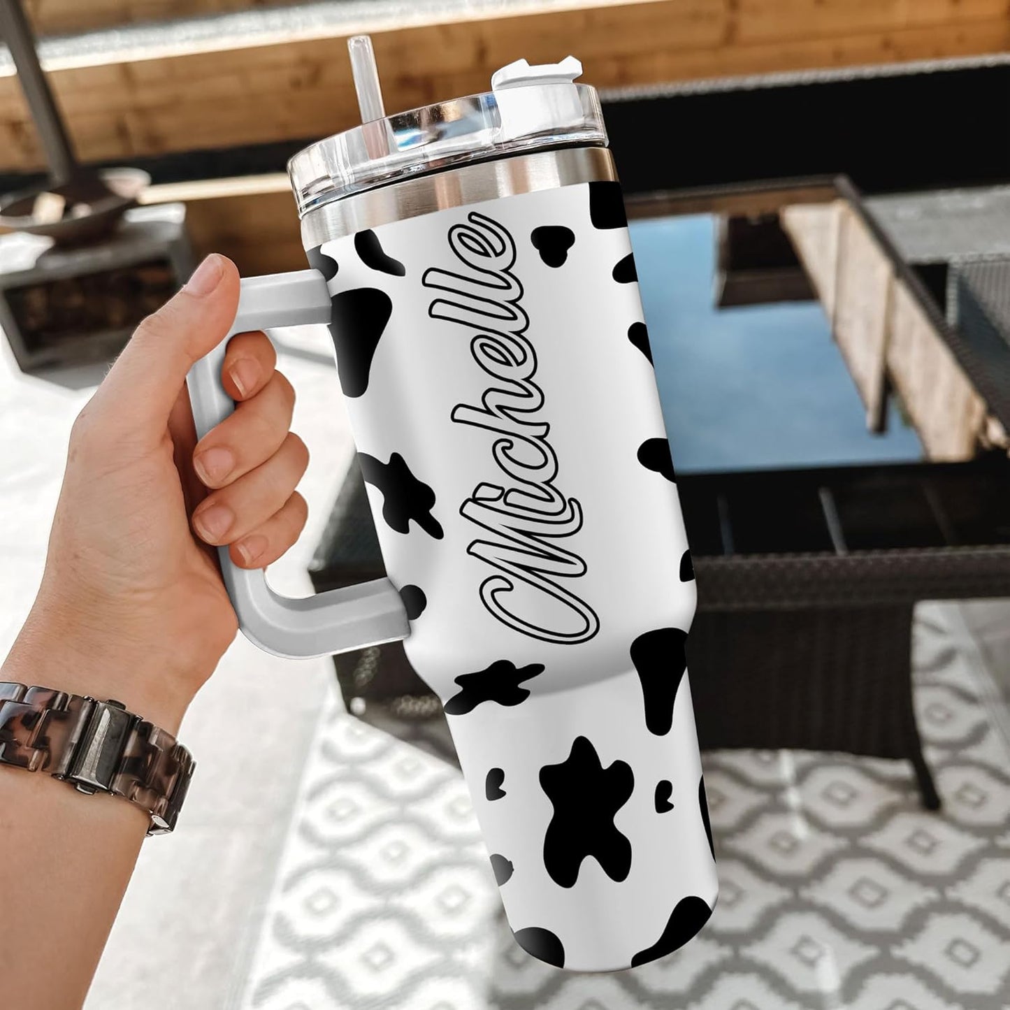 Cow Print Tumbler 40oz – Personalized Stainless Steel Insulated Travel Cup with Handle & Straw, Leak-Proof Lid – Unique Gift for Farm Animal Lovers