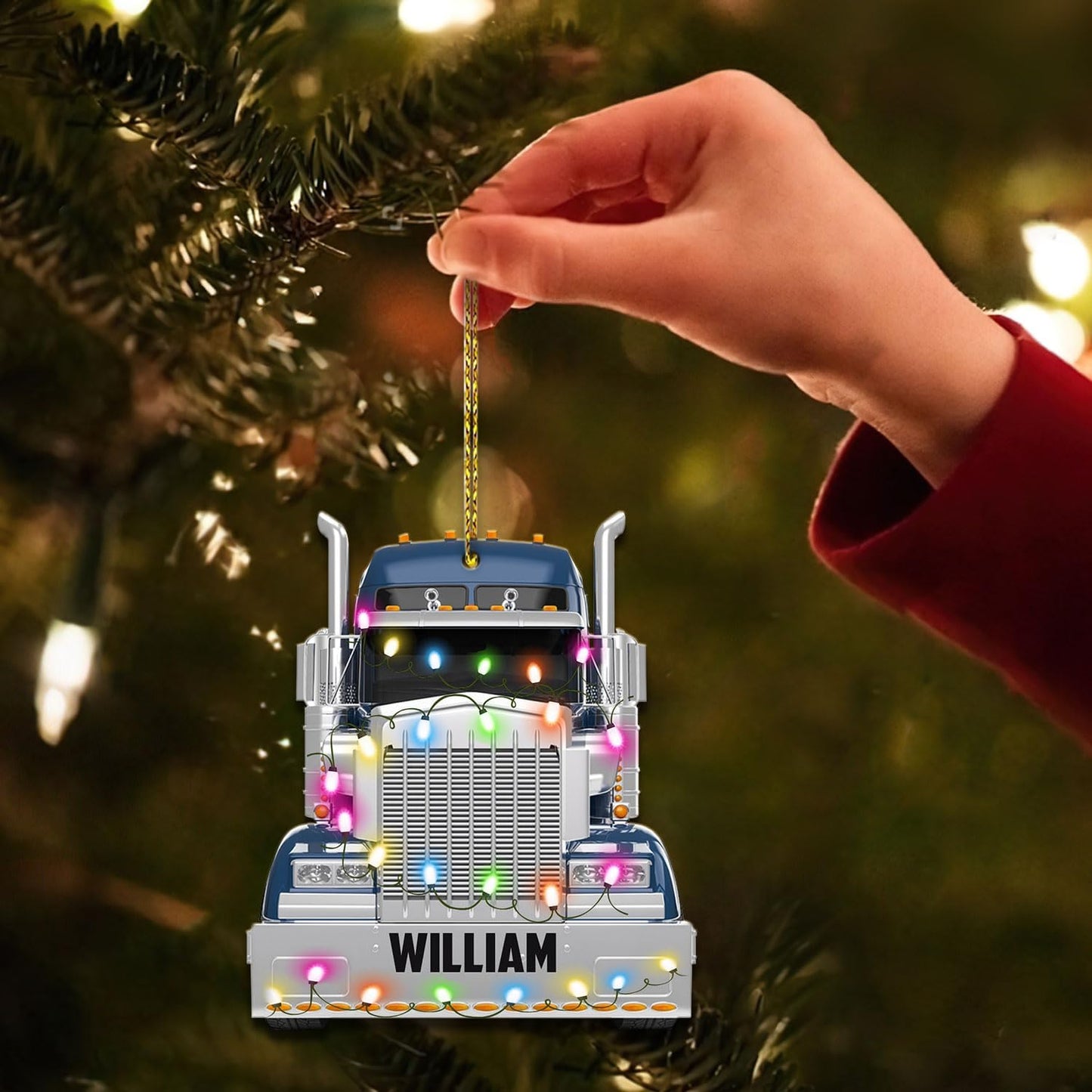 Blue Truck Christmas Light Cut Acrylic Ornament – Personalized Trucker Gift for Men, Husband, or Coworker