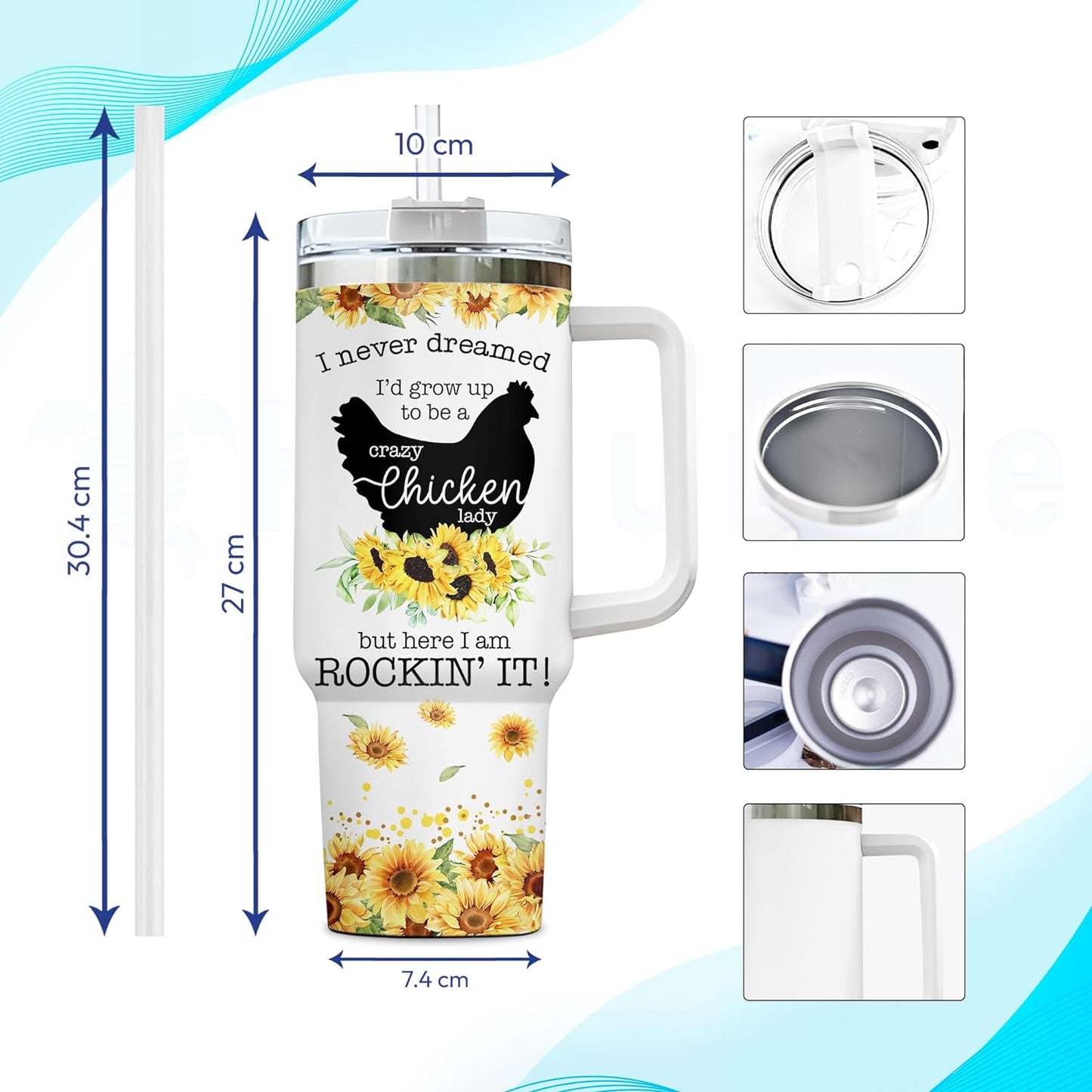 Sunflower Chicken Lady Tumbler 40oz with Handle & Straw – Personalized Stainless Steel Insulated Cup with Lid – Fun Gift for Farm Animal Lovers