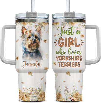 Yorkshire Terrier Lover Tumbler 40oz with Handle & Straw – Personalized Stainless Steel Insulated Cup with Lid – Unique Gift for Dog Moms