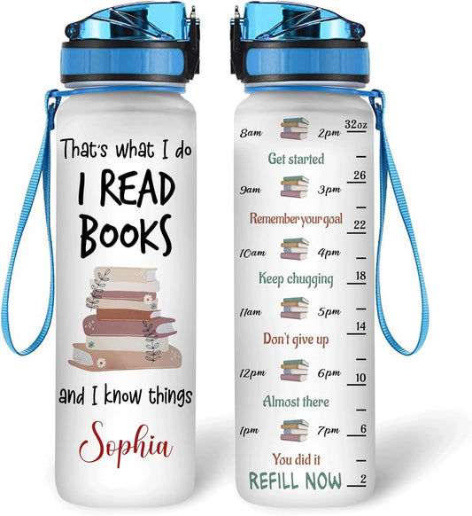 Funny Book Quote Water Bottle Tracker 32oz – Personalized Motivational Water Bottle with Time Marker – Gift for Readers